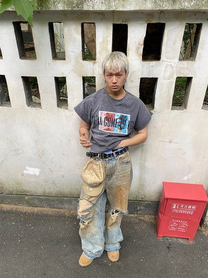 Washed Drop-Shoulder Damage Short Sleeve T-Shirt WN27160