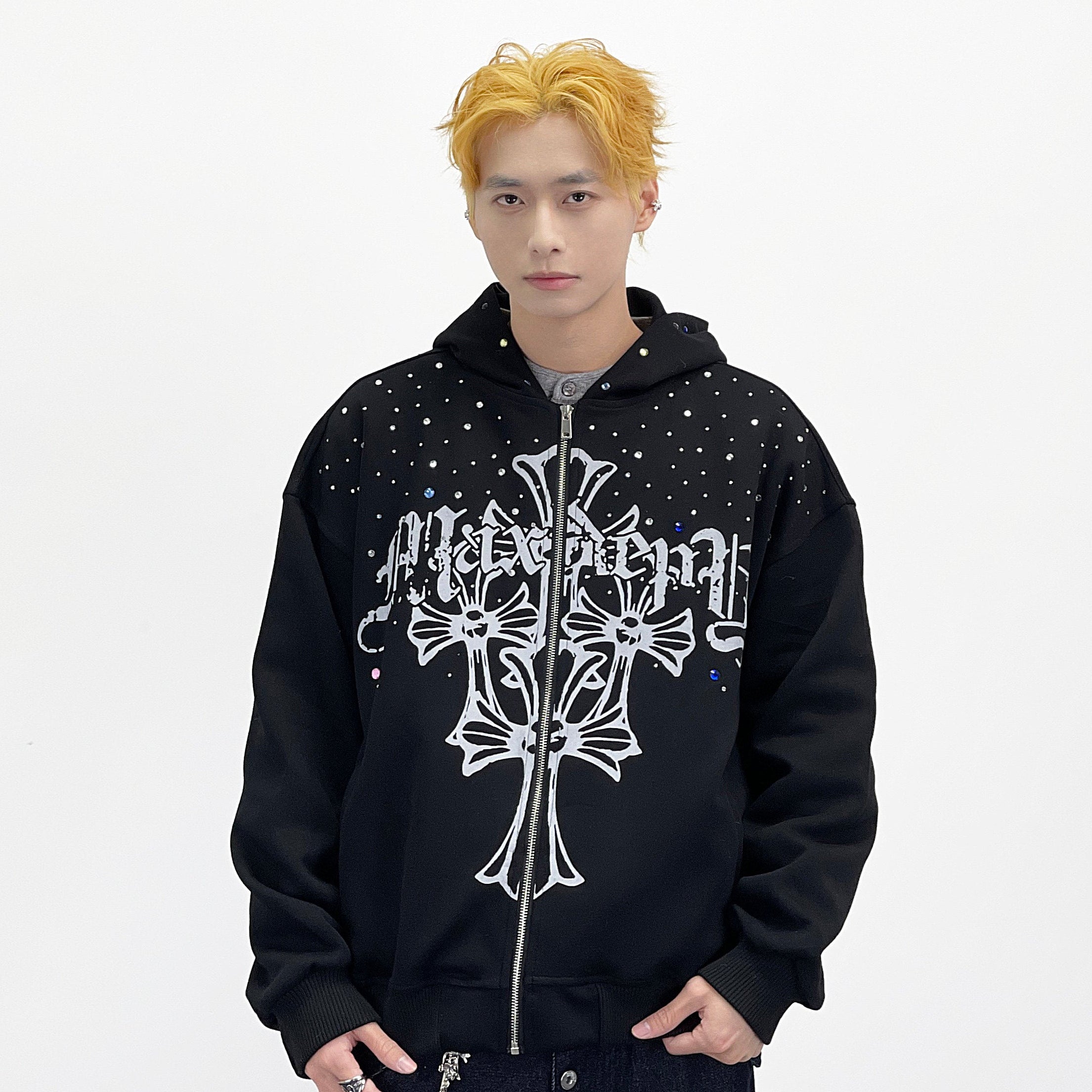 Goth Print Rhinestone Oversize Zipper Hoodie WN24258 – WONDER NOAH