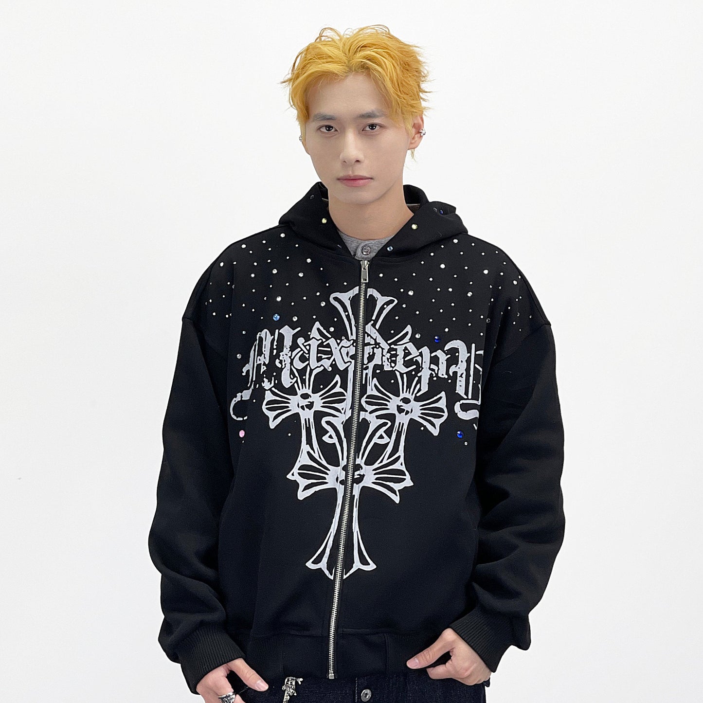 Goth Print Rhinestone Oversize Zipper Hoodie WN24258