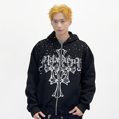 Goth Print Rhinestone Oversize Zipper Hoodie WN24258
