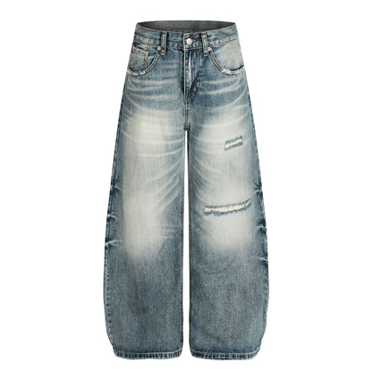 Washed Whisker Damage Curved Denim Jeans WN25863