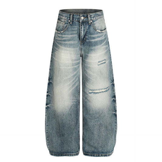 Washed Whisker Damage Curved Denim Jeans WN25863