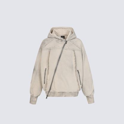Diagonal Zipper Deconstructed Washed Oversize Hoodie WN27849