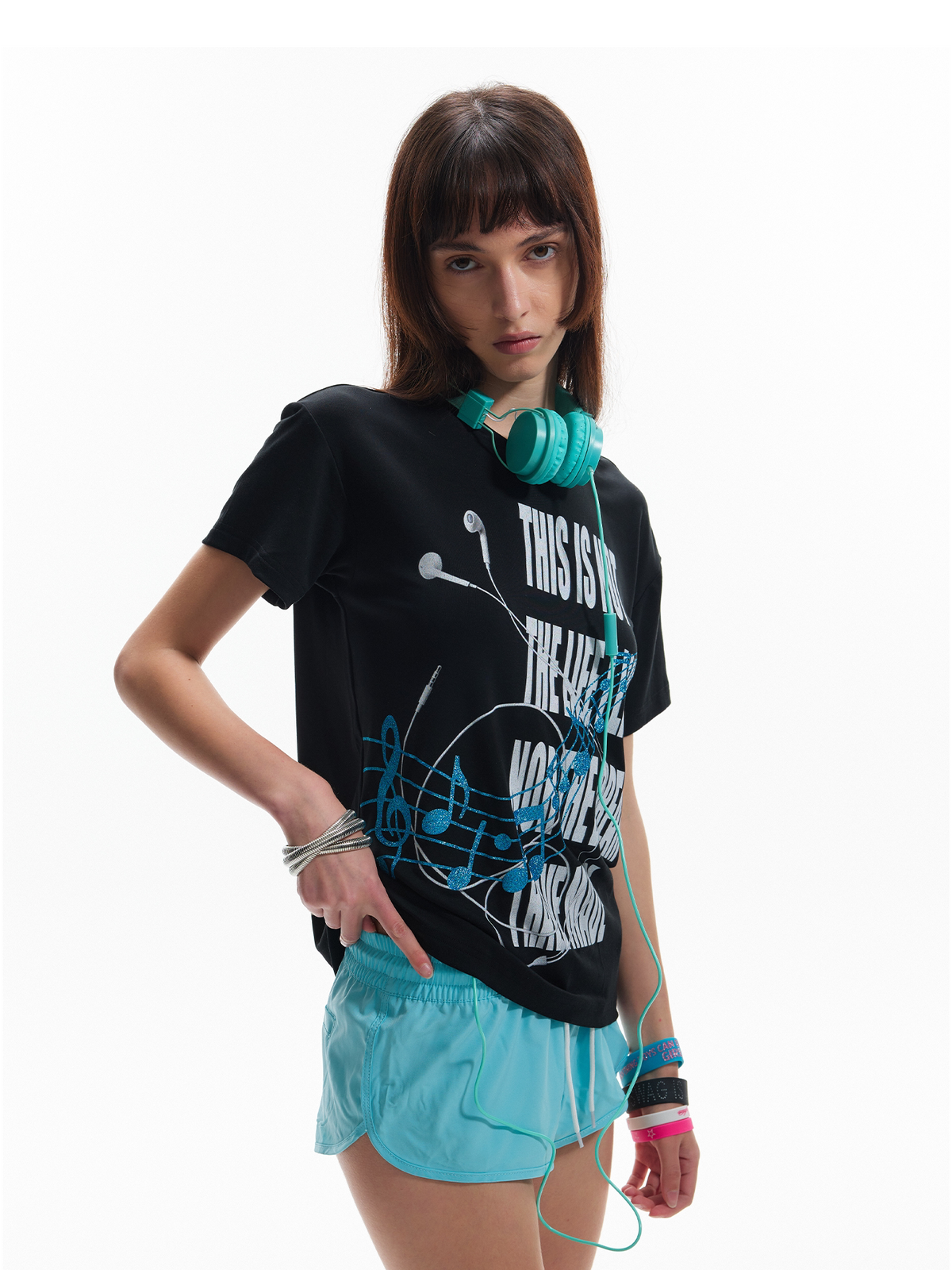 Music Note Letter Graphic Print Short Sleeve T-Shirt WN27221