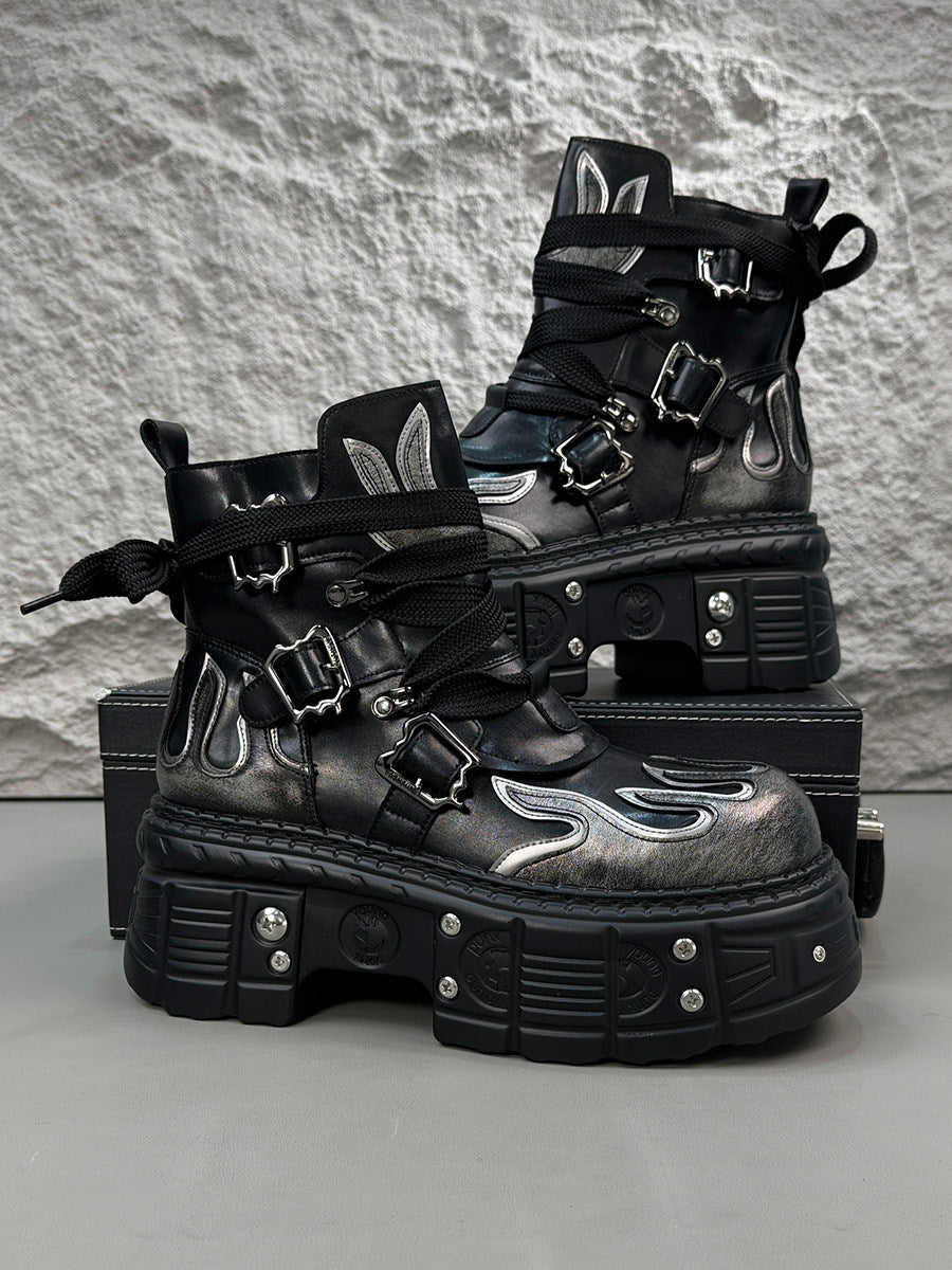 Flame Embroidery Strap Buckle Platform Short Boots WN24578