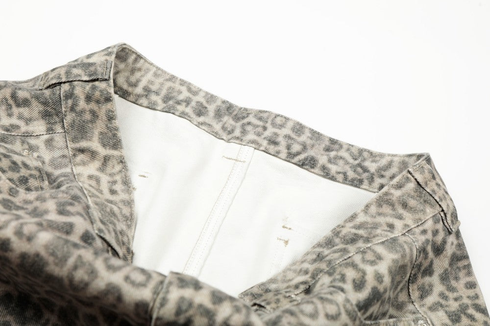 Leopard Print Washed Multi-Pocket Wide Leg Denim Jeans WN27926