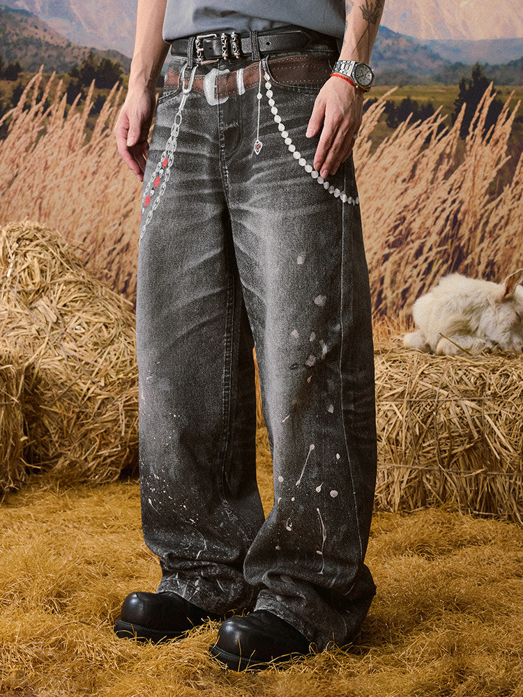 Chain Detail Paint Print Wide Leg Denim Jeans WN23228