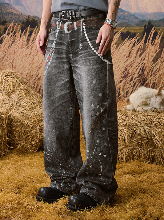 Chain Detail Paint Print Wide Leg Denim Jeans WN23228