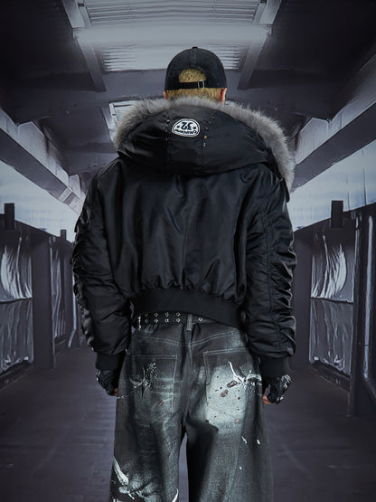 Detachable Fur Collar Pleated Sleeve Studded Hooded Fleece Jacket WN22841