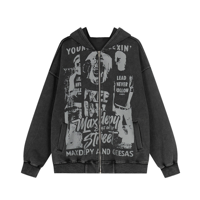 Portrait Letter Graffiti Print Zipper Hoodie WN24271