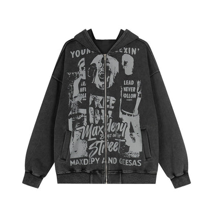 Portrait Letter Graffiti Print Zipper Hoodie WN24271