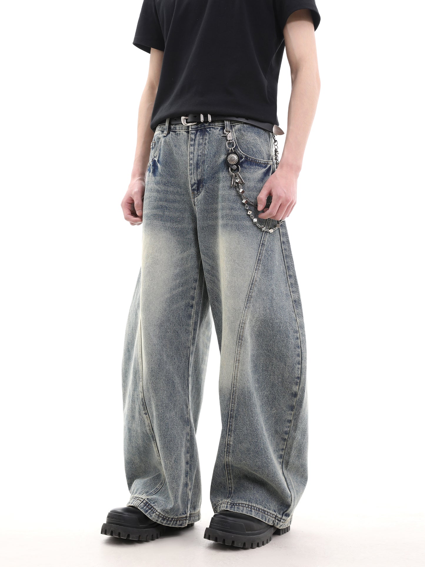 Washed Deconstructed Wide-Leg Denim Jeans WN15648