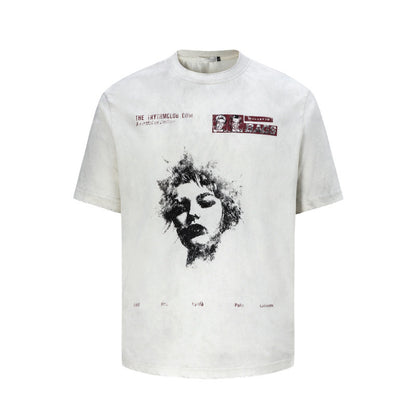 Portrait Print Wash Damage Short Sleeve T-Shirt WN24265