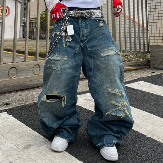 Damage Washed Wide Leg Denim Jeans WN24070