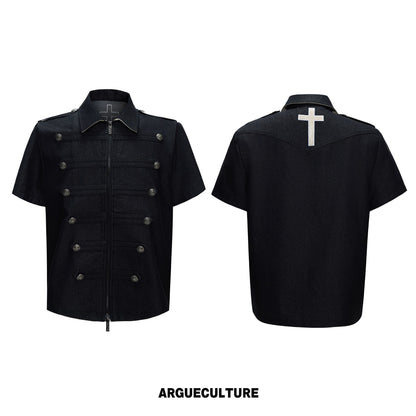Double-Breasted Leather Collar Short Sleeve Shirt & Cross Patch Wide Leg Denim Jeans Setup WN26970