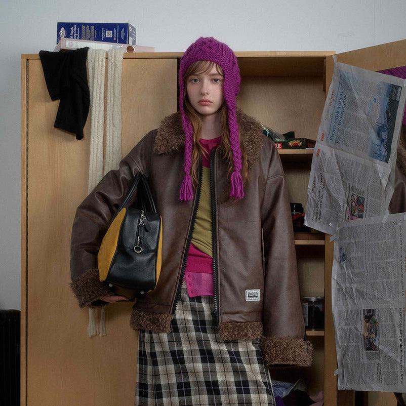 Fake Fur Collar Fleece Lining PU Leather Jacket WN21875