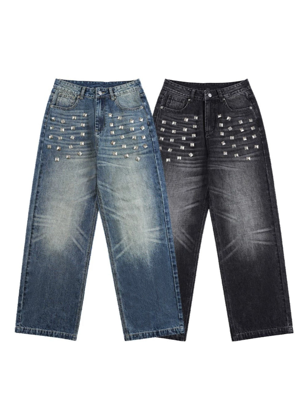 Metal Stud Washed Wide Leg Denim Jeans WN27843