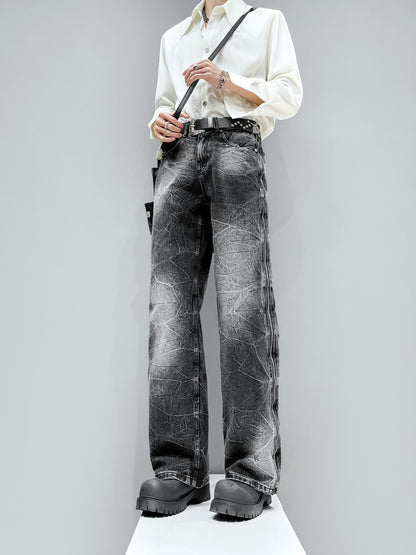 Lightning Crack Wash Zipper Straight Denim Jeans WN23884