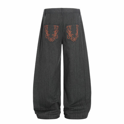Stripe Embroidery Wide Leg Barrel Denim Jeans WN26117