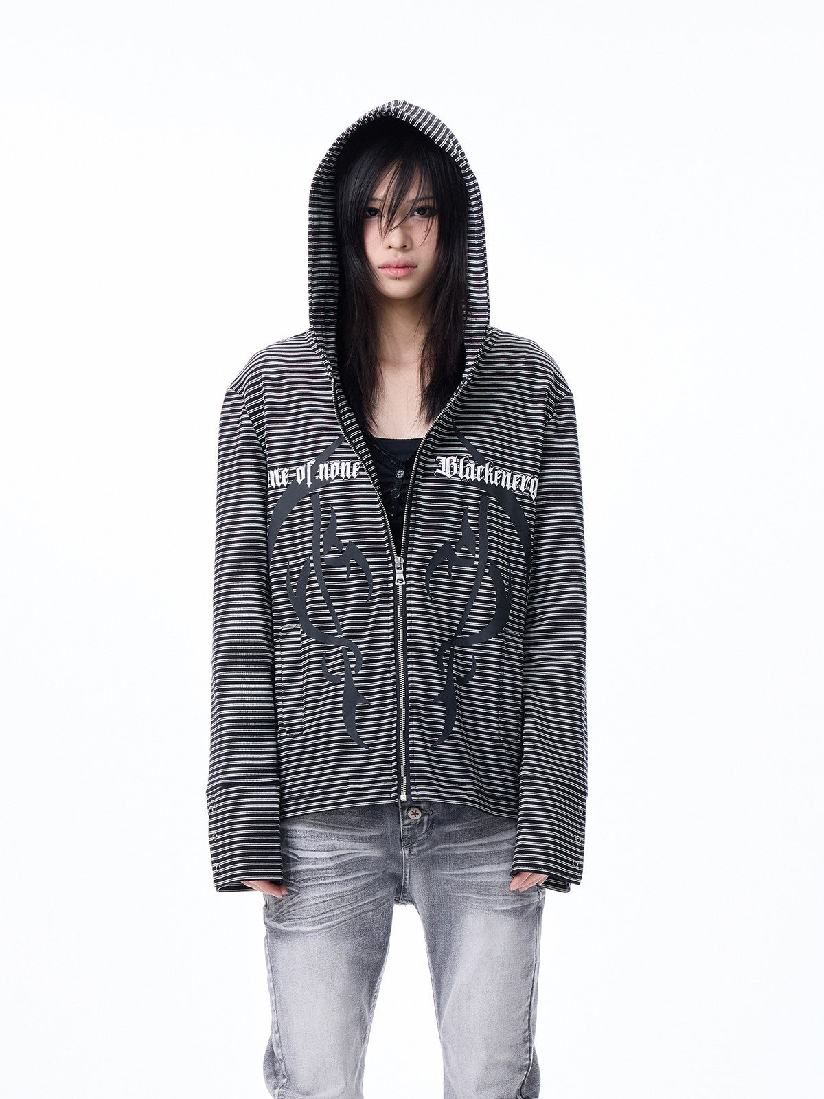 Striped Print Cropped Zipper Hoodie WN27274