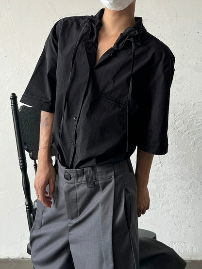 French Design Style Ribbon Oversize Short Sleeve Shirt WN20002