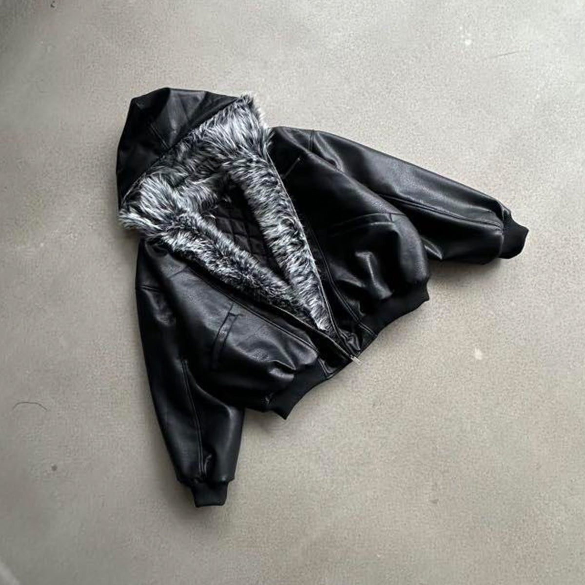 Hooded Fake Fur Lining Zip-Up PU Leather Jacket WN23081