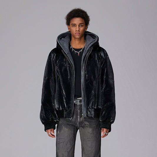 Embroidery PU Leather Hooded White Duck Down Jacket WN17809