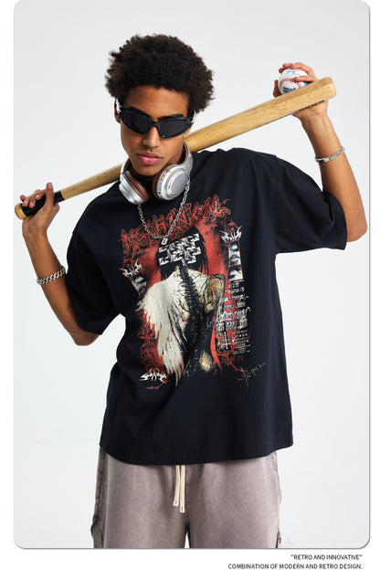 Washed Wax Dye Graphic Print Oversize Short Sleeve T-Shirt WN16250