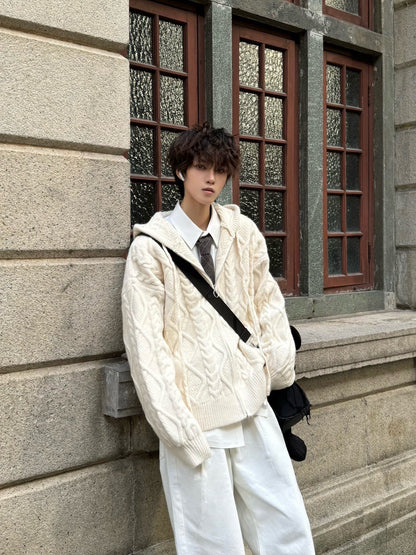 Hooded Cable Knit Oversize Zipper Knit Cardigan WN23152