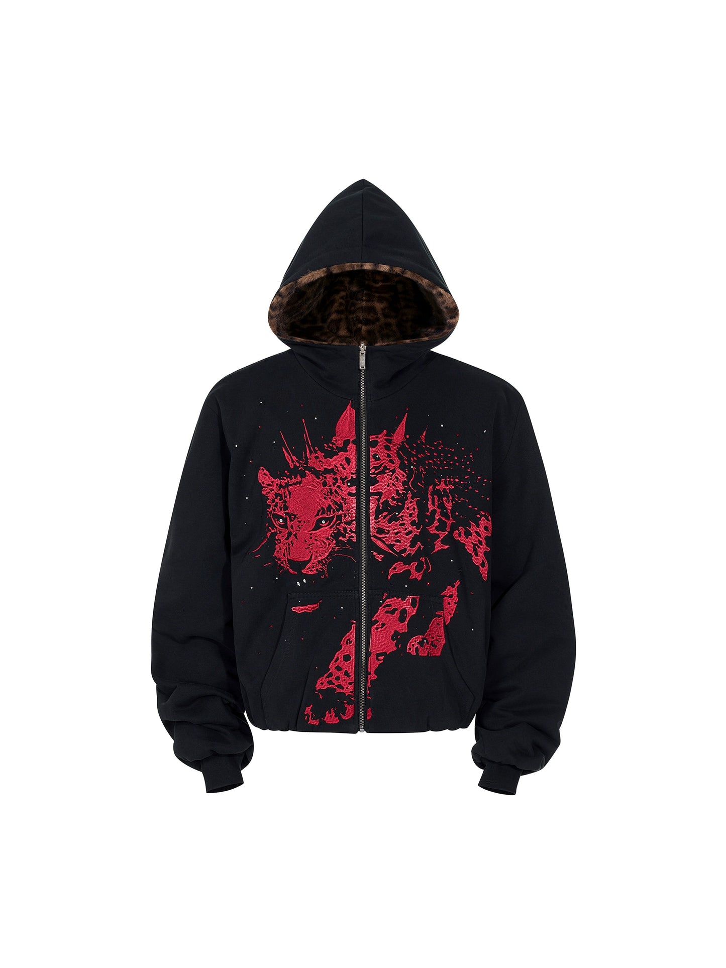 Leopard Embroidery Fleece Lining Thick Fur Patchwork Hoodie & Pants Setup WN22653