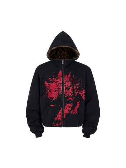 Leopard Embroidery Fleece Lining Thick Fur Patchwork Hoodie & Pants Setup WN22653