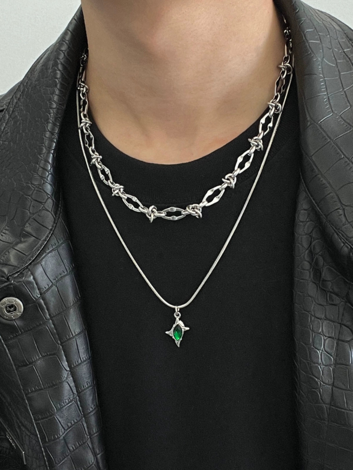 Double Layer Green Meteor Thorn Titanium Steel Necklace WN19260