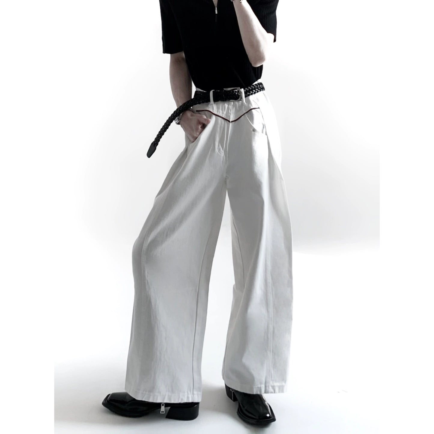 Pleats Design High Waist Wide Leg Denim Jeans WN20333