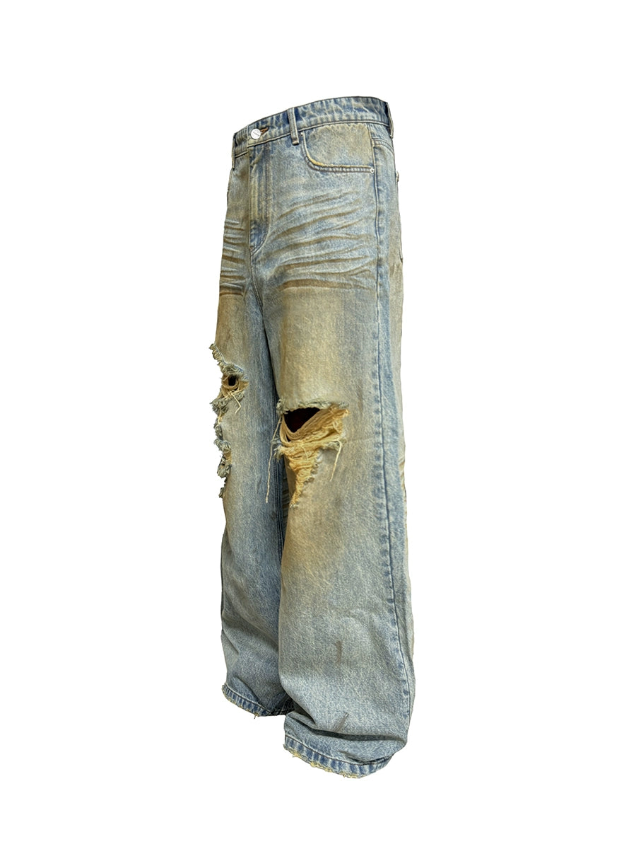 Damage Washed Wide-Leg Straight Denim Jeans WN8582