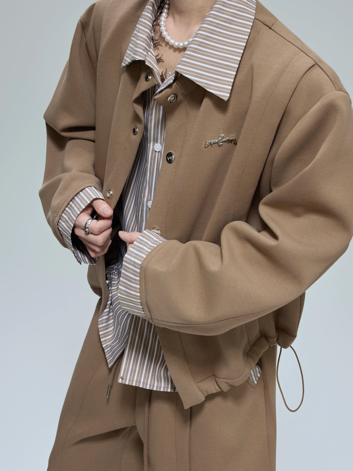 Striped Fake Layered Jacket & Flare Pants Setup WN21755