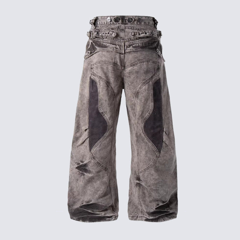 WN27973 Heavy-work distressed washed wide-leg jeans, asymmetrical waistband mesh patchwork, punk functional high street pants WN27973