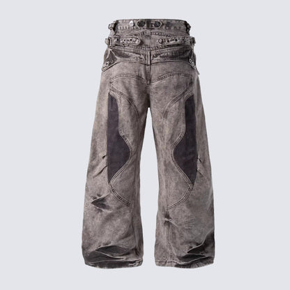 WN27973 Heavy-work distressed washed wide-leg jeans, asymmetrical waistband mesh patchwork, punk functional high street pants WN27973