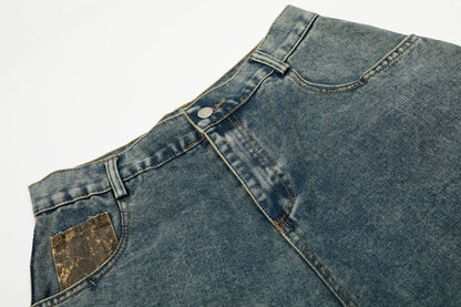 Washed Leopard Panel Curved Denim Jeans WN25514