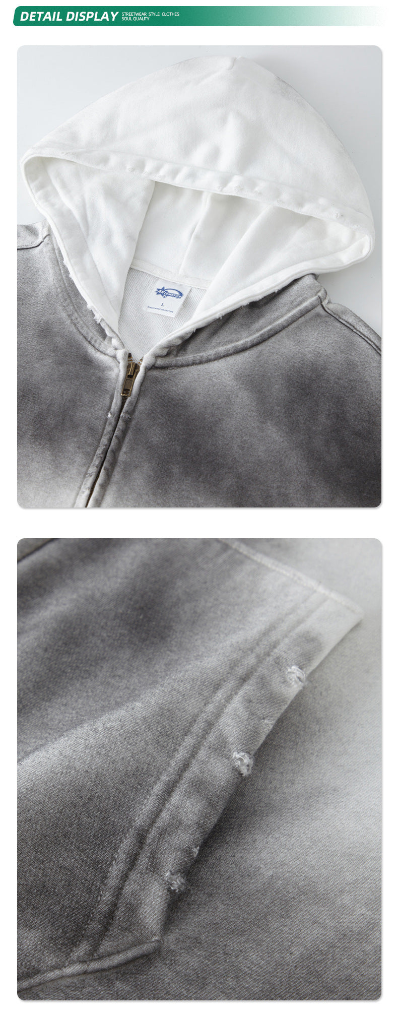 Oversize Washed Damage Zipper Hoodie WN6617