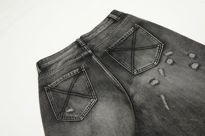 Washed Damage Straight-Leg Denim Jeans WN11395