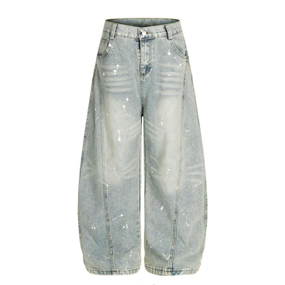 Ink Print Washed Wide Leg Curved Denim Jeans WN23030