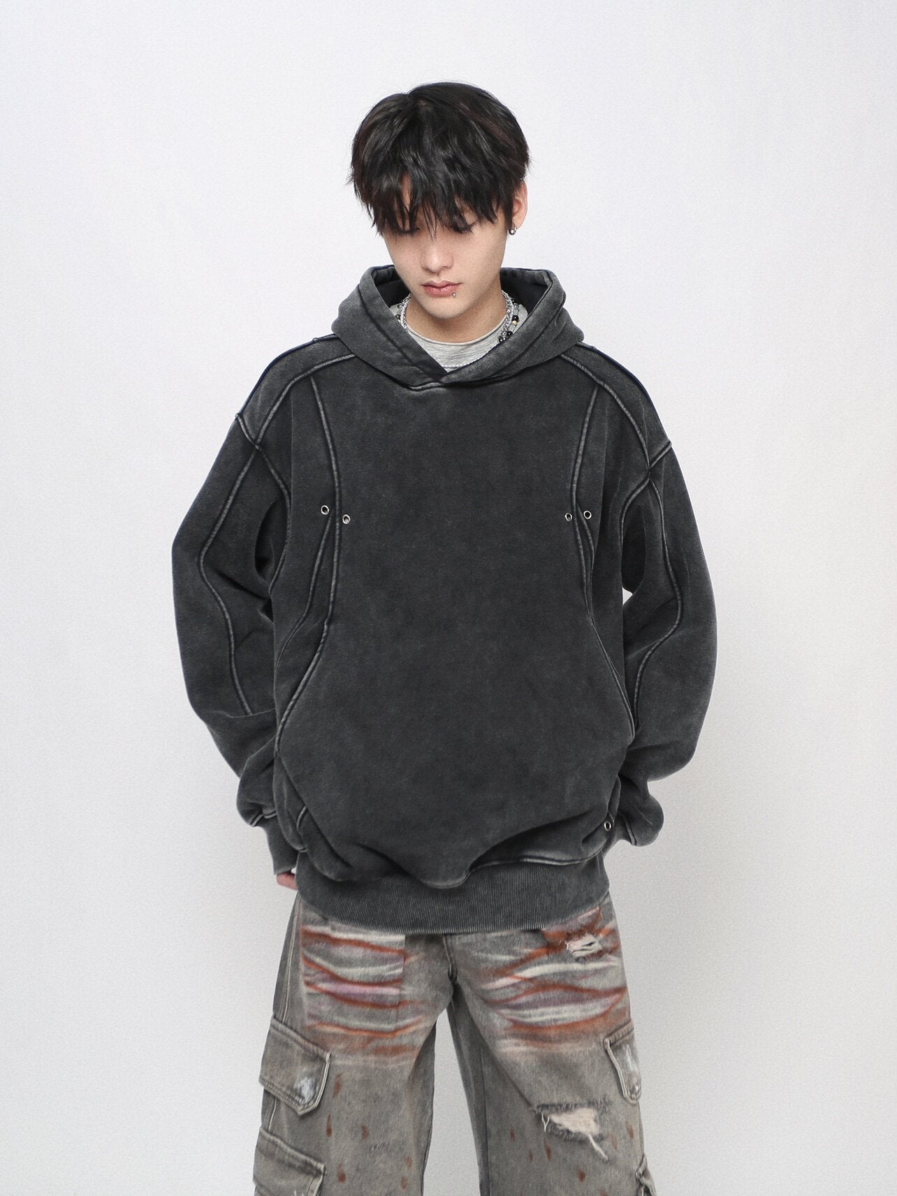 Washed Deconstructed Spliced Oversize Hoodie WN24463