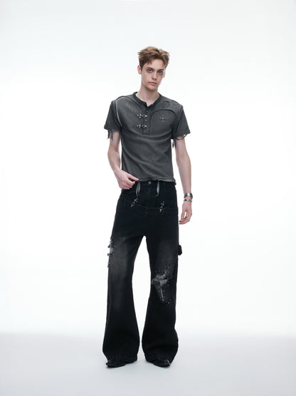 Henley-Neck Ribbed Damage Raw-Edge Short Sleeve T-Shirt WN27026