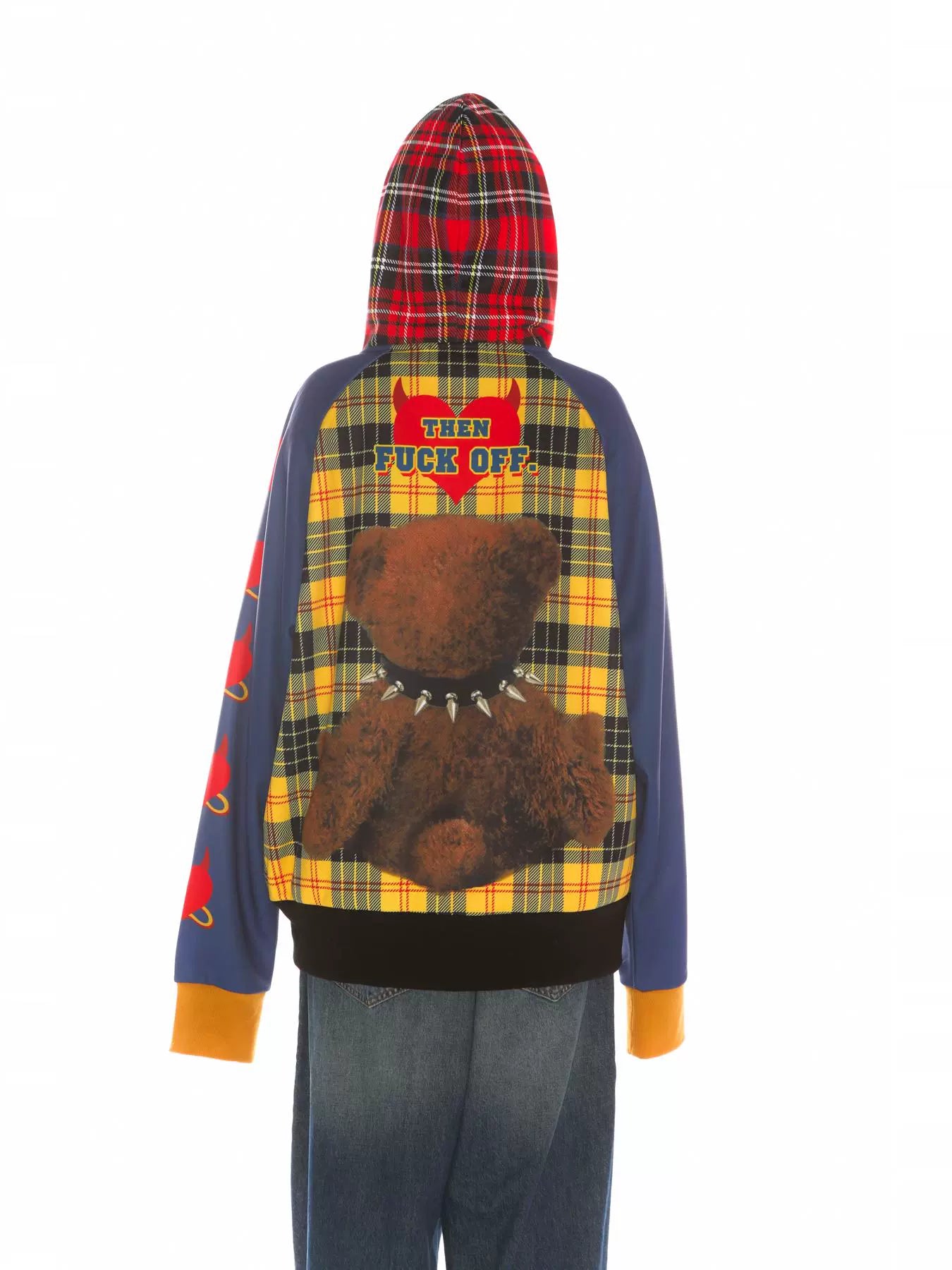 Bear Print Plaid Patch Hoodie WN22269