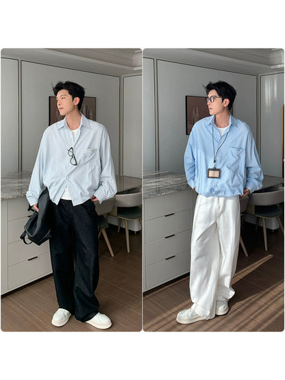 Vertical Stripe Waist-Fit Cotton Long Sleeve Shirt WN20474