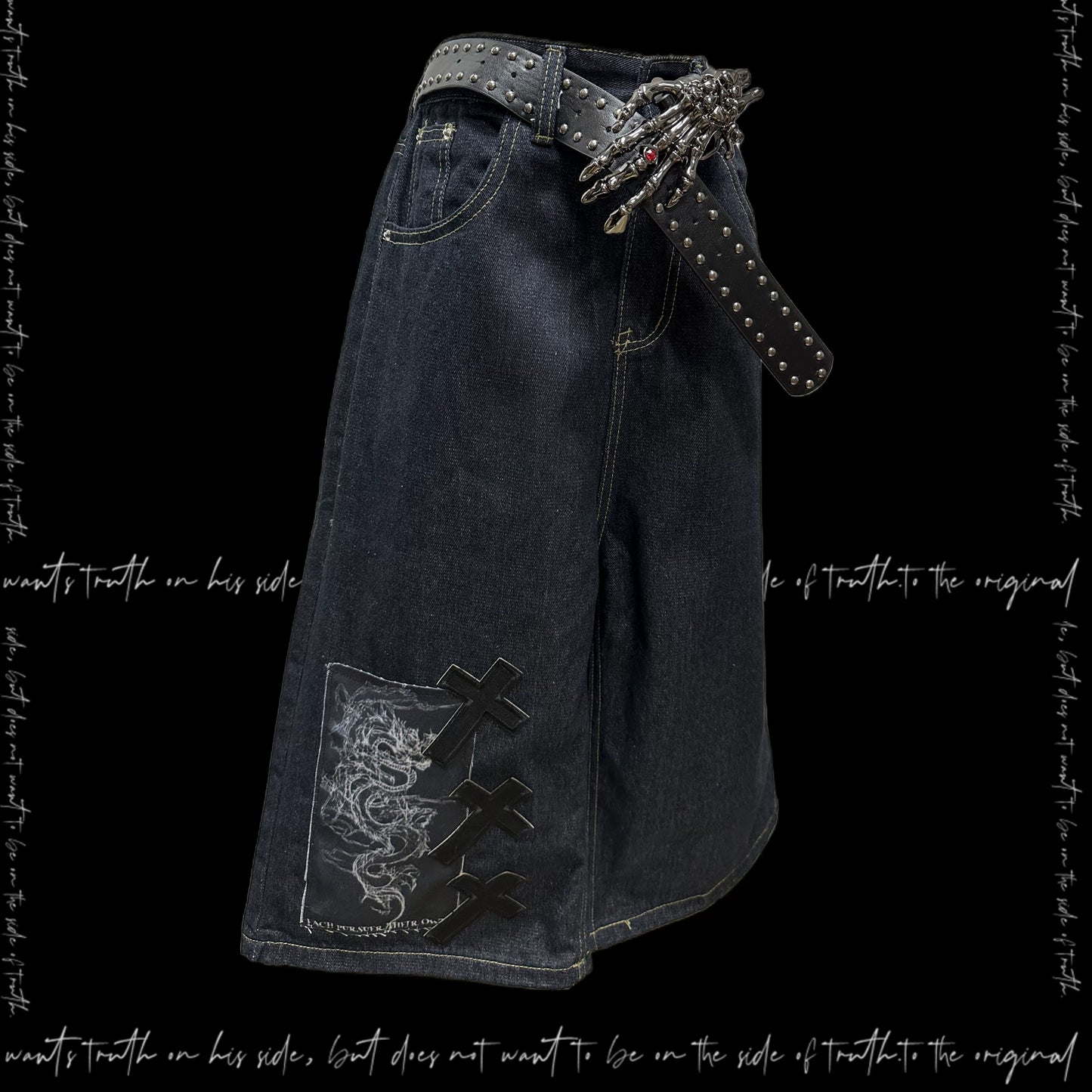 Patchwork Wide Leg Half Denim Jeans & Belt & Chain WN20127