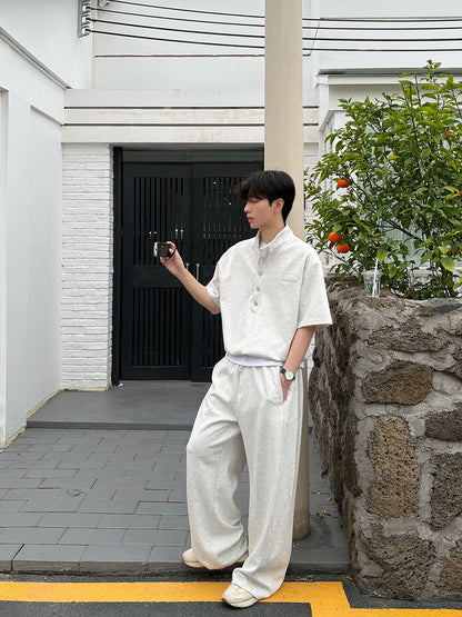 Standing-Collar Button Short Sleeve T-Shirt & Wide Leg Sweatpants Setup WN25022
