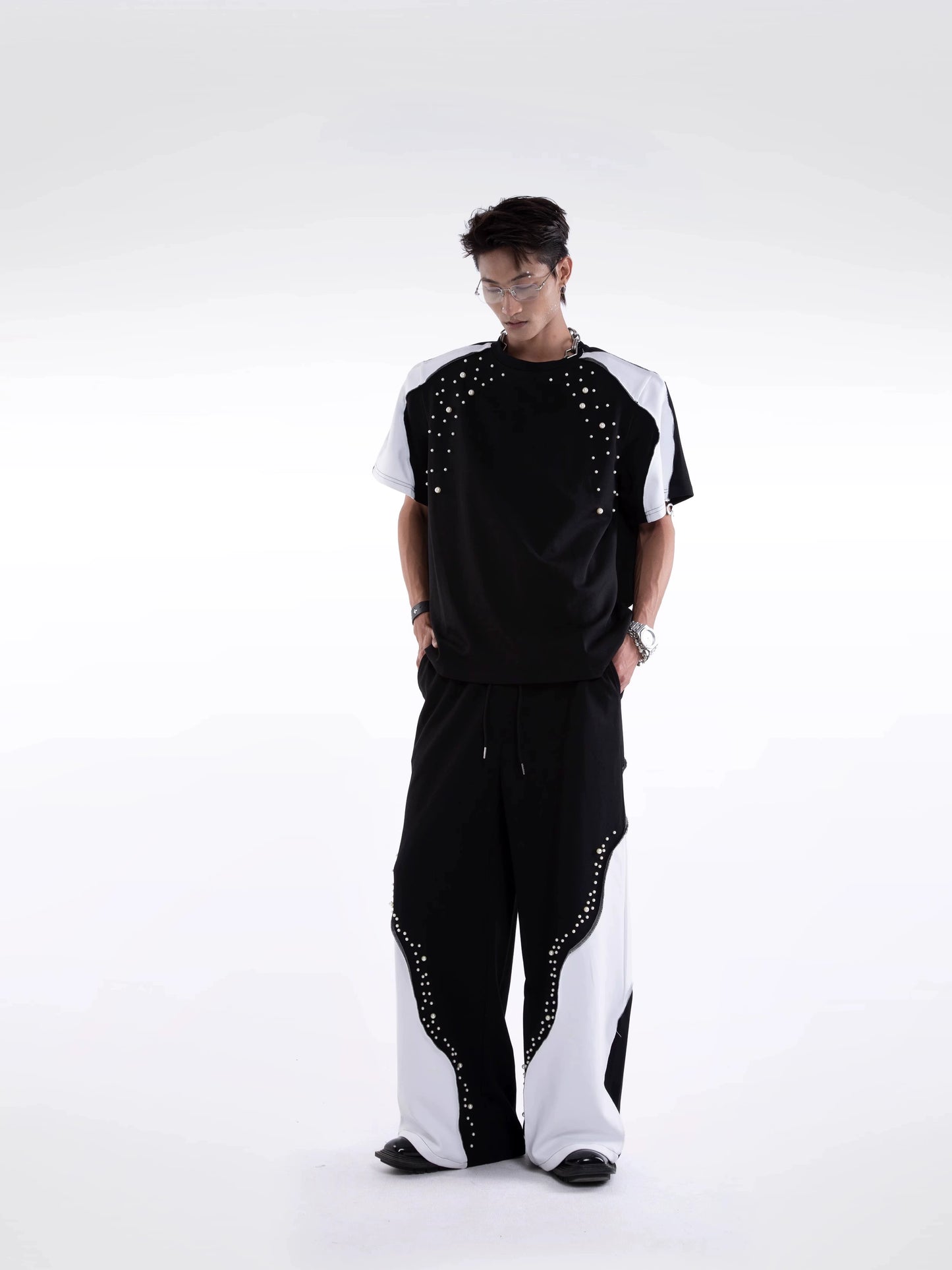 Beading Paint Shoulder-Pad Short Sleeve T-Shirt & Wide Leg Pants Setup WN20640