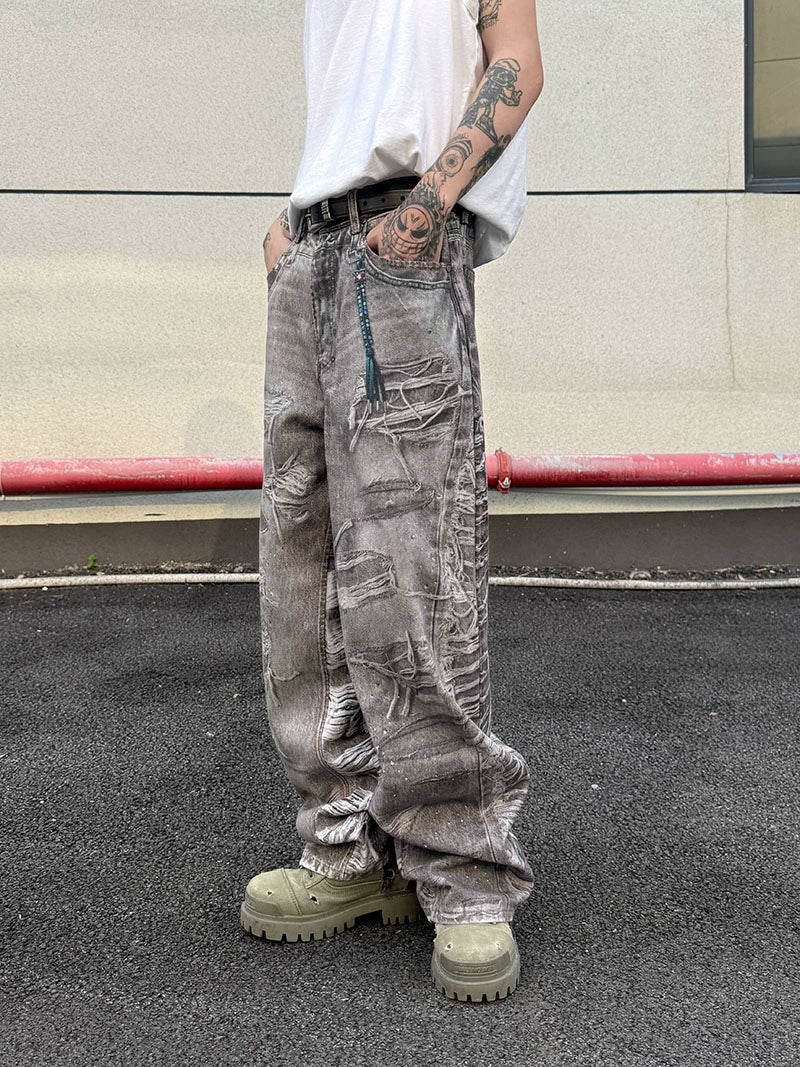 3D Print Damage Wide Leg Denim Jeans WN21156