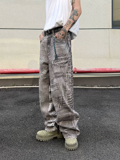 3D Print Damage Wide Leg Denim Jeans WN21156
